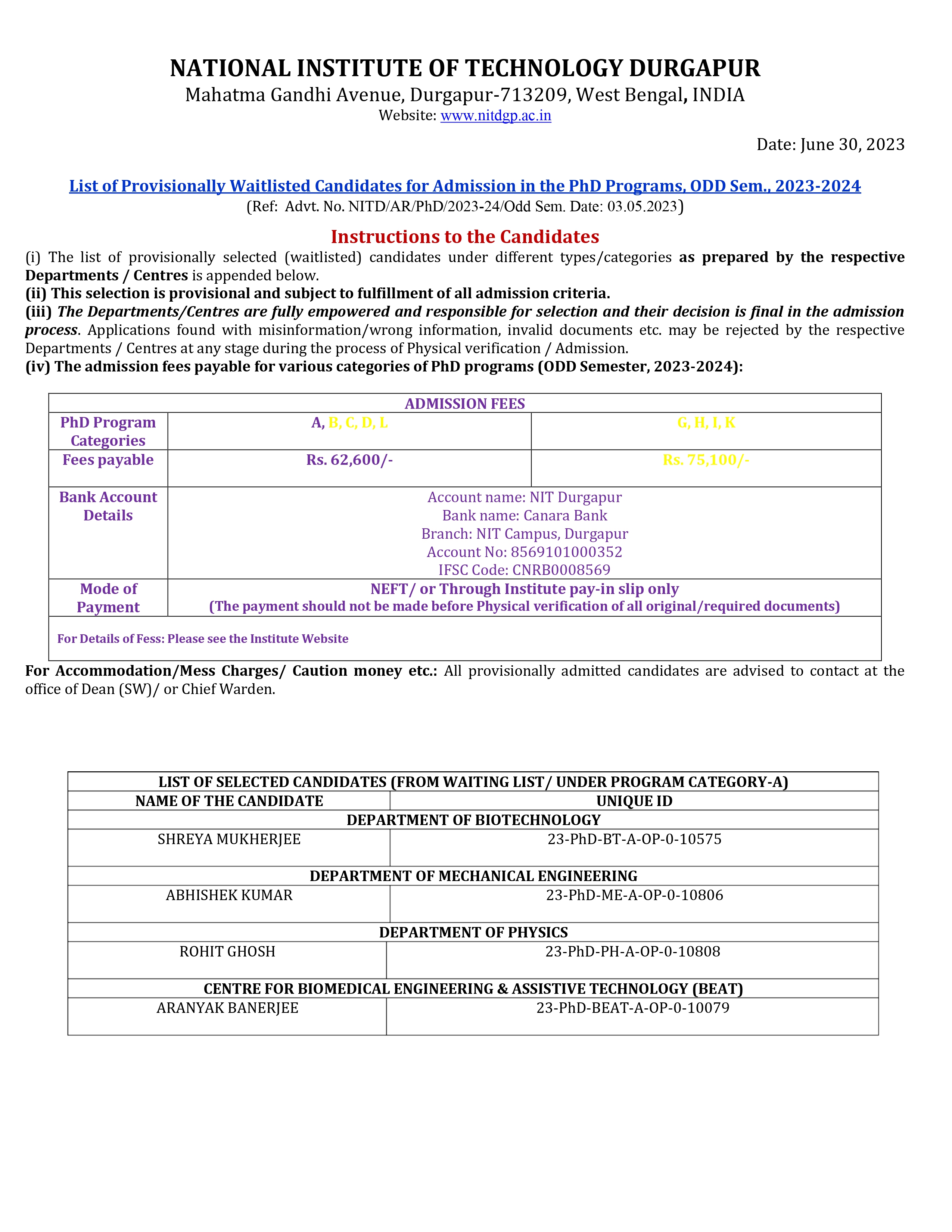 Admission Cum Enrollment Procedure & List Of Provisionally Selected ...