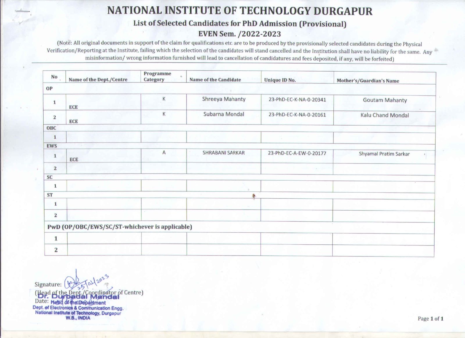 Admission Cum Enrollment Procedure & List Of Provisionally Selected ...